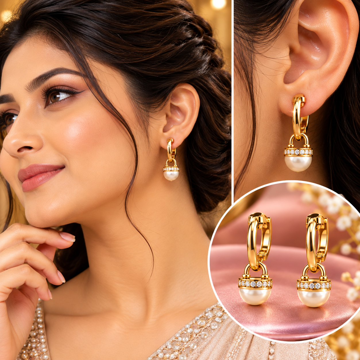 Regal Gold Huggie Hoop Earrings with CZ Pearl Cap Dangle